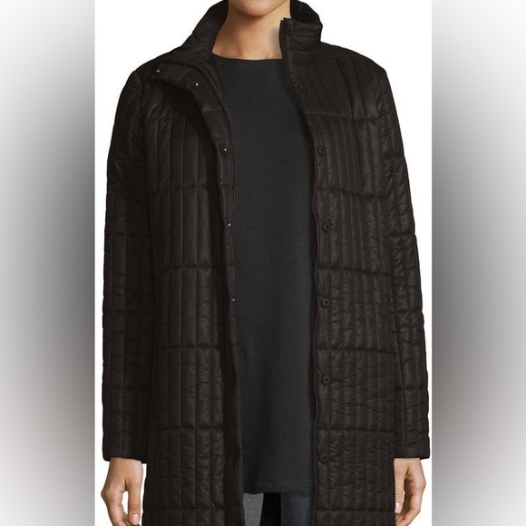 Eileen Fisher Black Recycled Nylon Blend Quilted Stand Collar Jacket Coat M - Picture 3 of 8